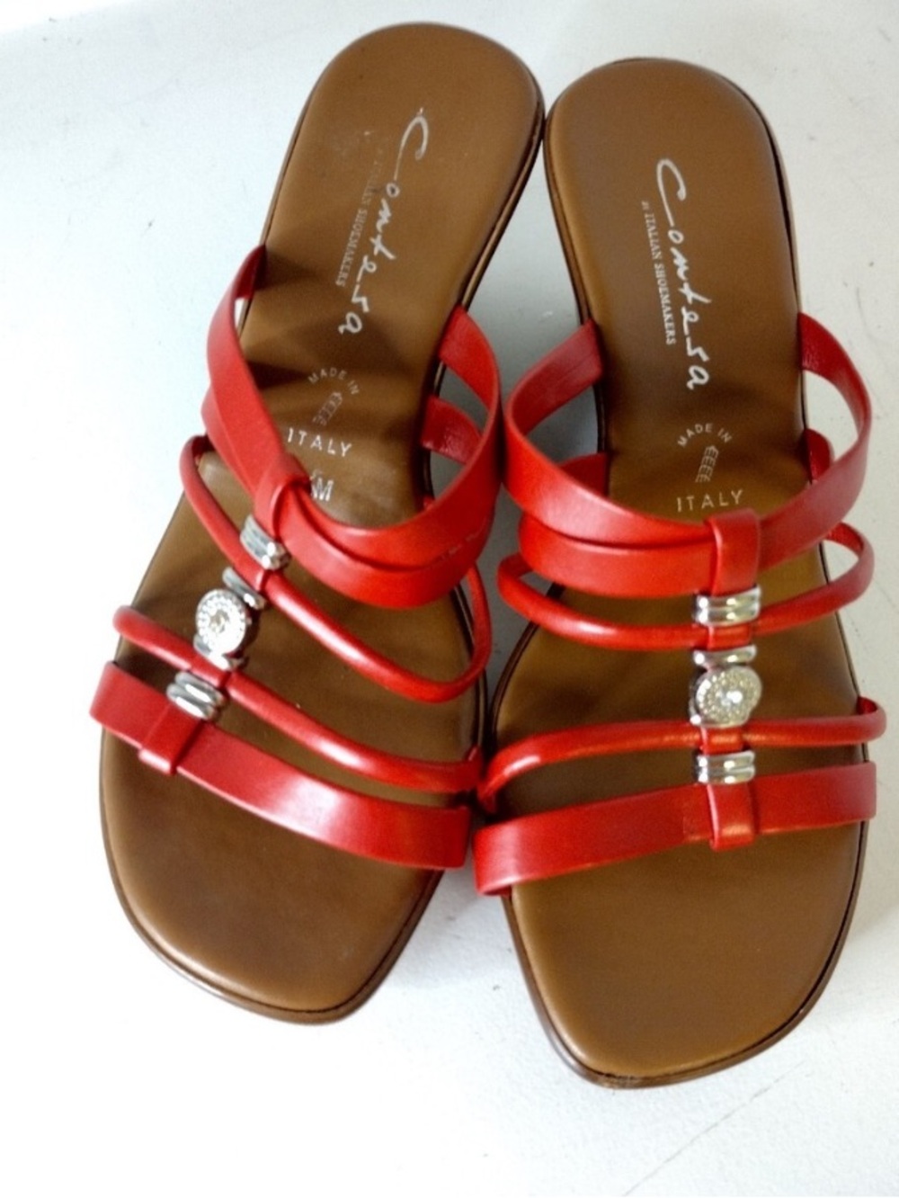 CONTESSA ITALIAN SHOEMAKERS Fire Engine Red & Silver Sandals SZ 8.5